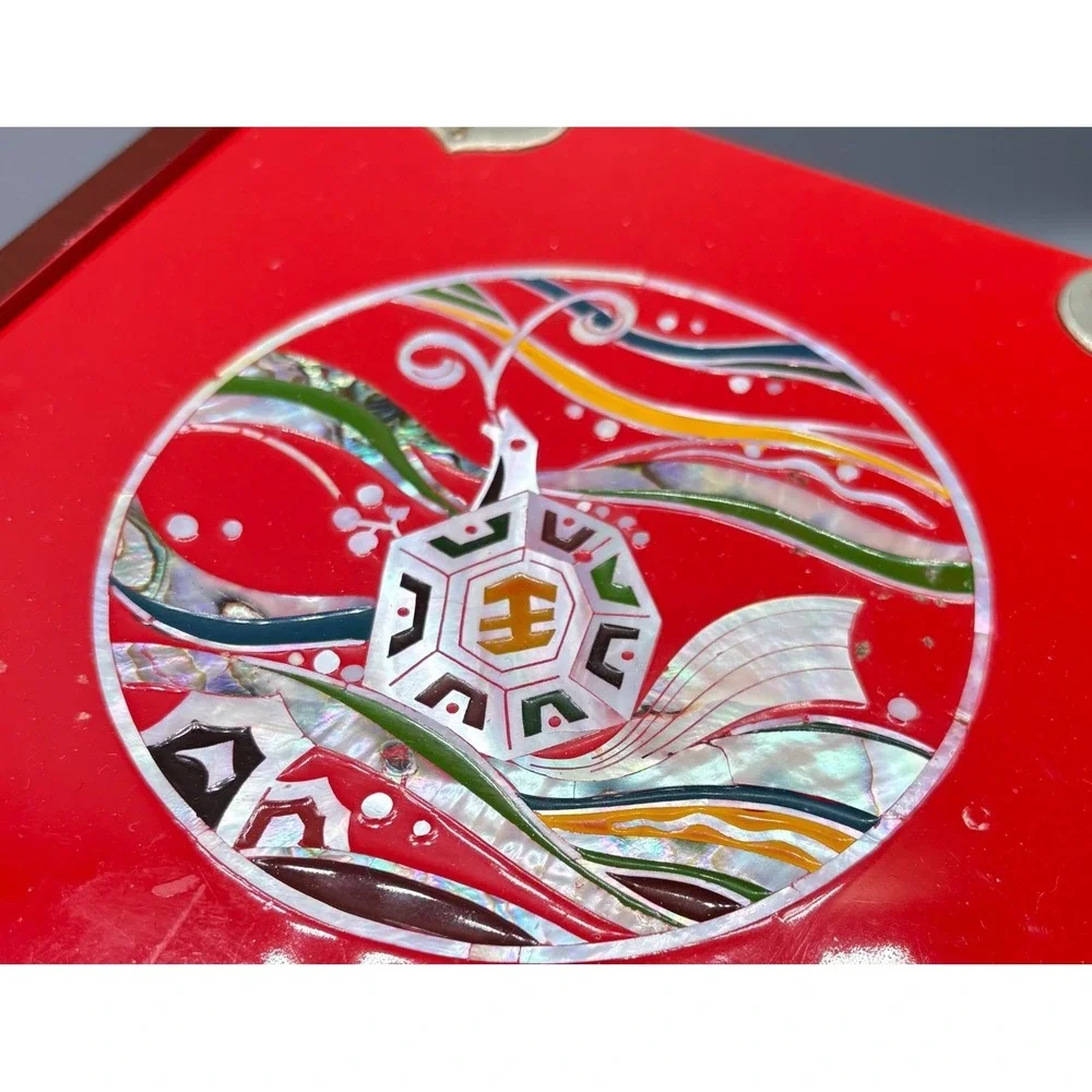 Vintage Red Lacquer Jewelry Box Sun‎ Moon Deer Inlay Brass Accents Asian